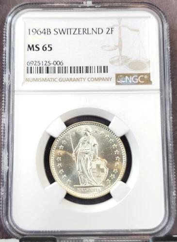 1964 SWITZERLAND SILVER 2 FRANCS HELVETIA NGC MS 65 GEM BU BEAUTY