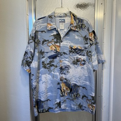 VTG Quicksilver Tiger Hawaiian Shirt Blue Clouds Japanese Painting 90s Size L