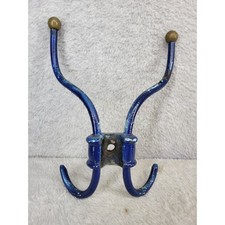 Vintage Cast Metal Double Hook Wall Mount Coat Hat Hanger Blue Brass Ball Tips