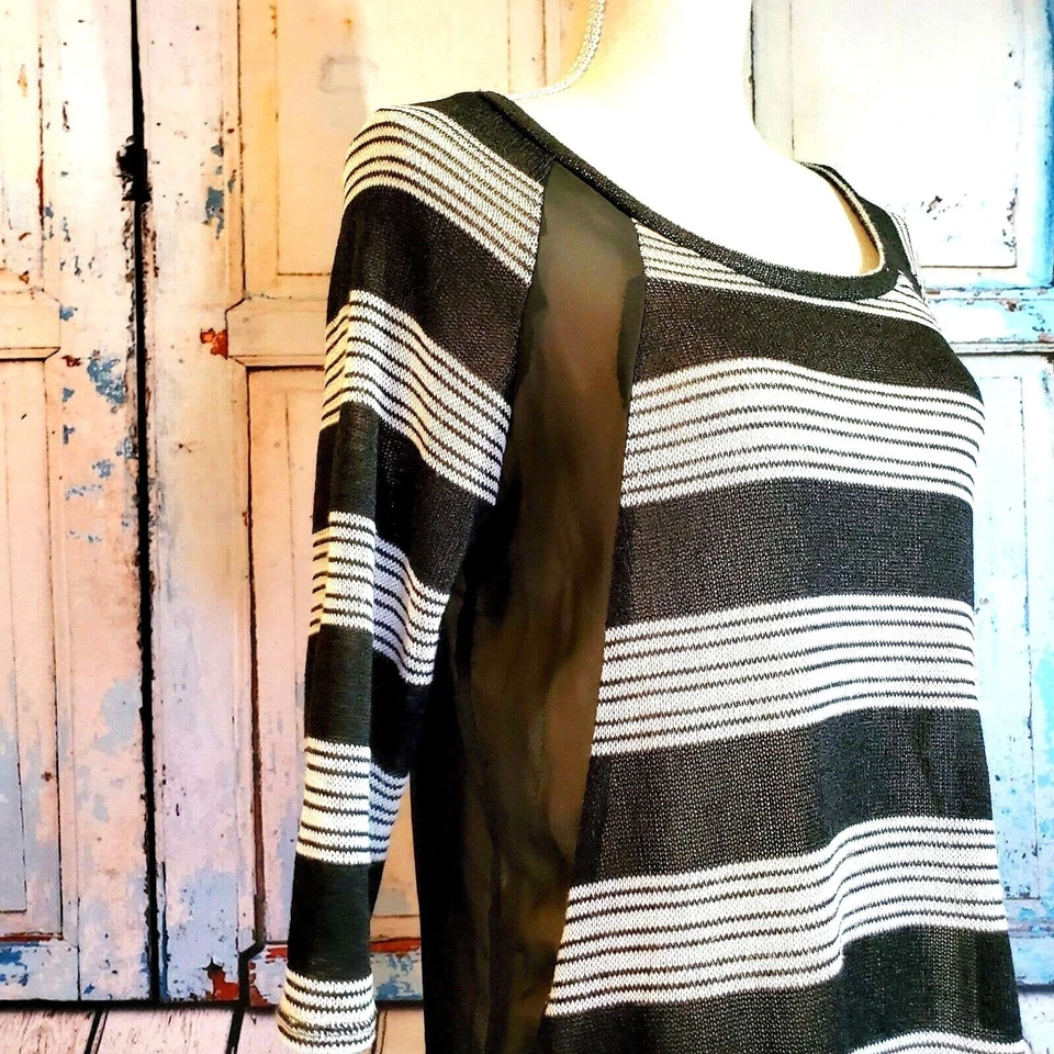 AB Studio Knit Top Size M Black & White Stripes Sheer Back & Details Boho - Image 4 of 4