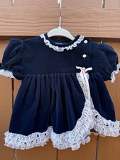 Vintage 80s Baby Velvet Lace Top/Dress Navy Blue USA Heirloom 18M
