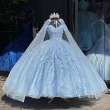 Sky Princess Quinceanera Dresses with Cape Off Shoulder 3D Floral Lace-up Corset