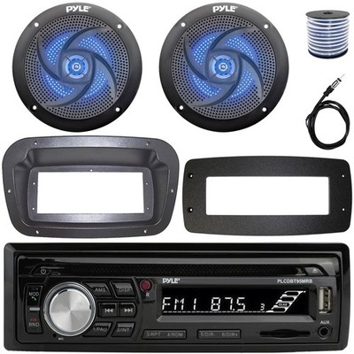 Pyle Single-DIN Boat CD Stereo W/Install Kit + Adapter Plate, 2x 4'' LED Speakers