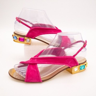 Casadei Jewel Heel Sandals Fuchsia Suede Gold Rhinestone EU 38 US 8 READ DESC