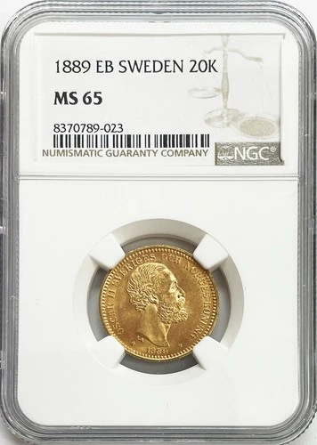 1889 EB GOLD SWEDEN 20 KRONOR OSCAR II COIN NGC MINT STATE 65