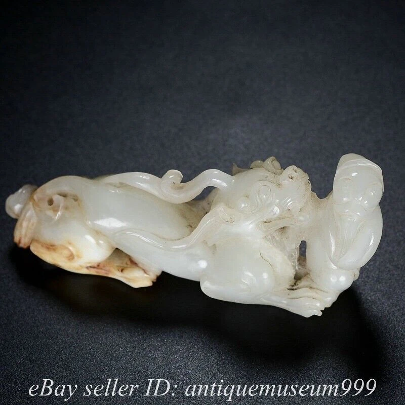 4.4" Rare Chinese Natural Hetian White Jade Nephrite Dragon Tong zi Statue - Photo 4/4