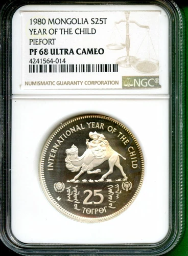 MONGOLIA 1980 YEAR OF CHILD PROOF PIEFORT $25 T NGC 68 UC VERY RARE