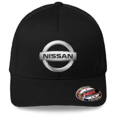 Nissan Logo on Black Flexfit Brand Hat Baseball Cap Printed Emblem S/M And L/XL