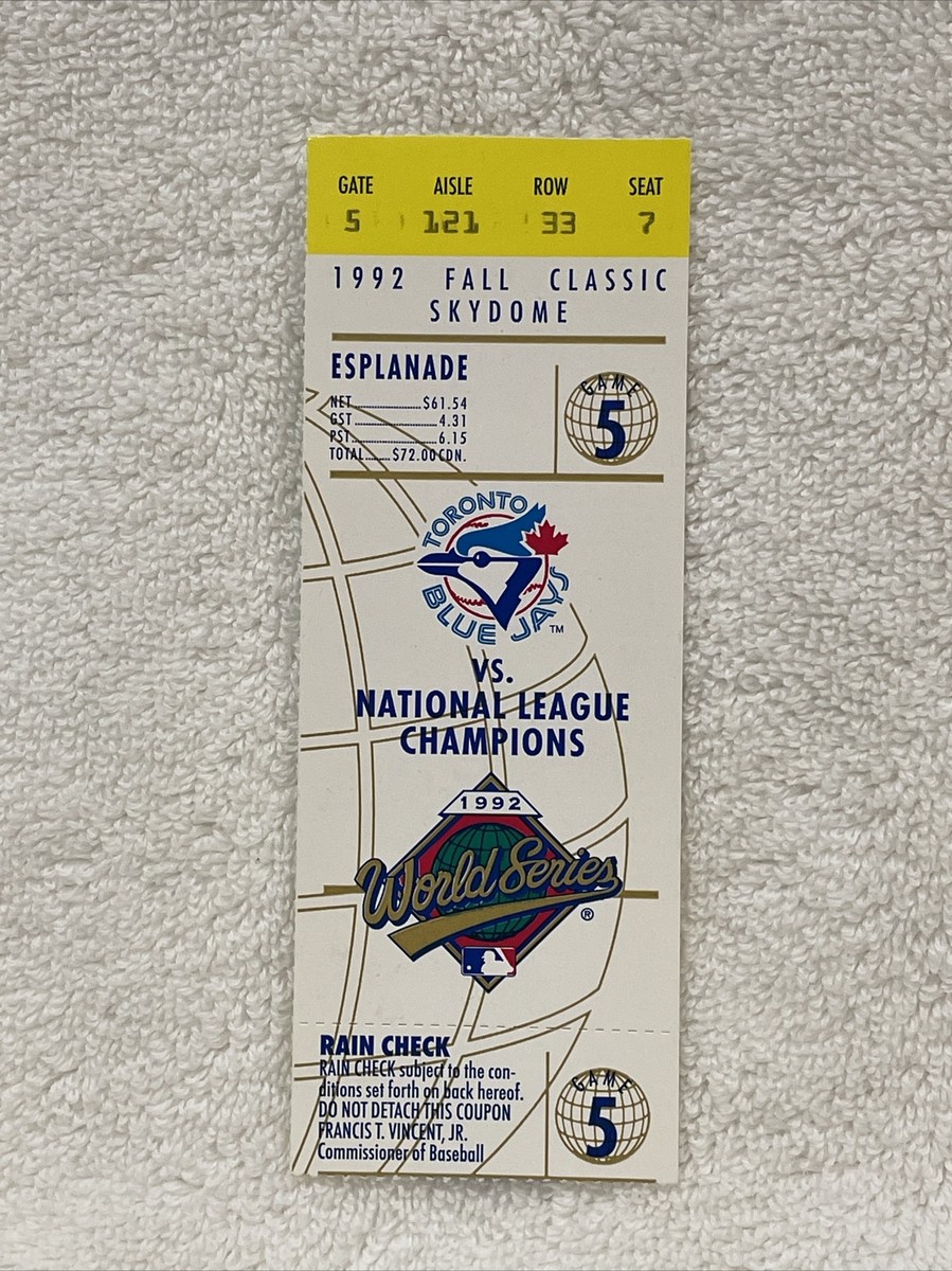 VINTAGE Toronto Blue Jays 1992 World Series Game 5 Ticket Stub