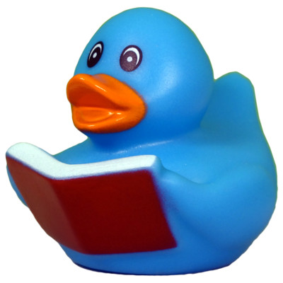 Brown Book Reading Rubber Duck: Blue Body Excited Classic 2'' Floating Bath Toy