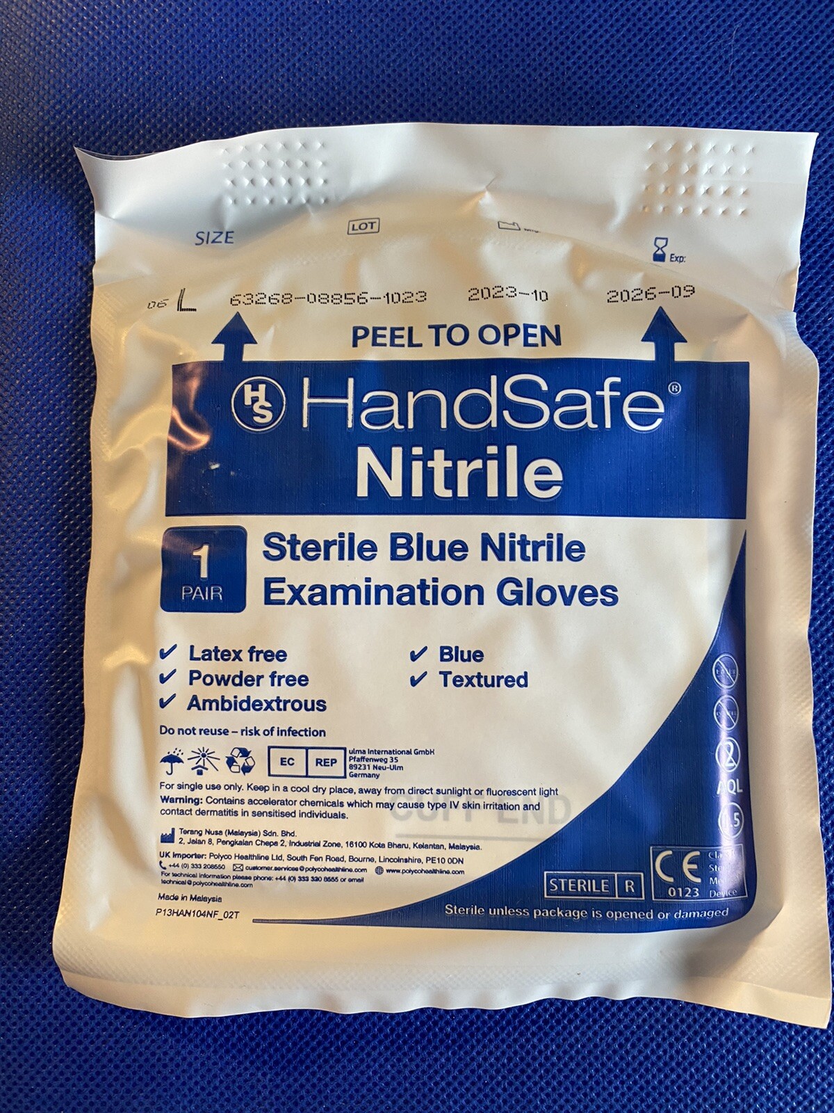 Pair Large Nitrile Sterile Blue Examination Gloves Latex & Powder Free Exp 9/26