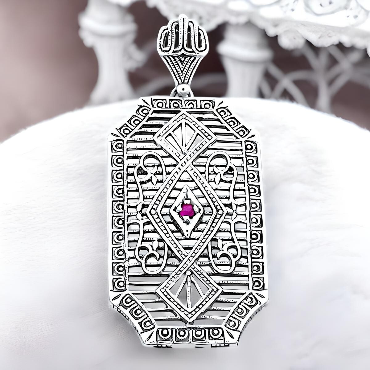 GENUINE RUBY 925 STERLING SILVER VINTAGE STYLE PENDANT, OPTIONAL