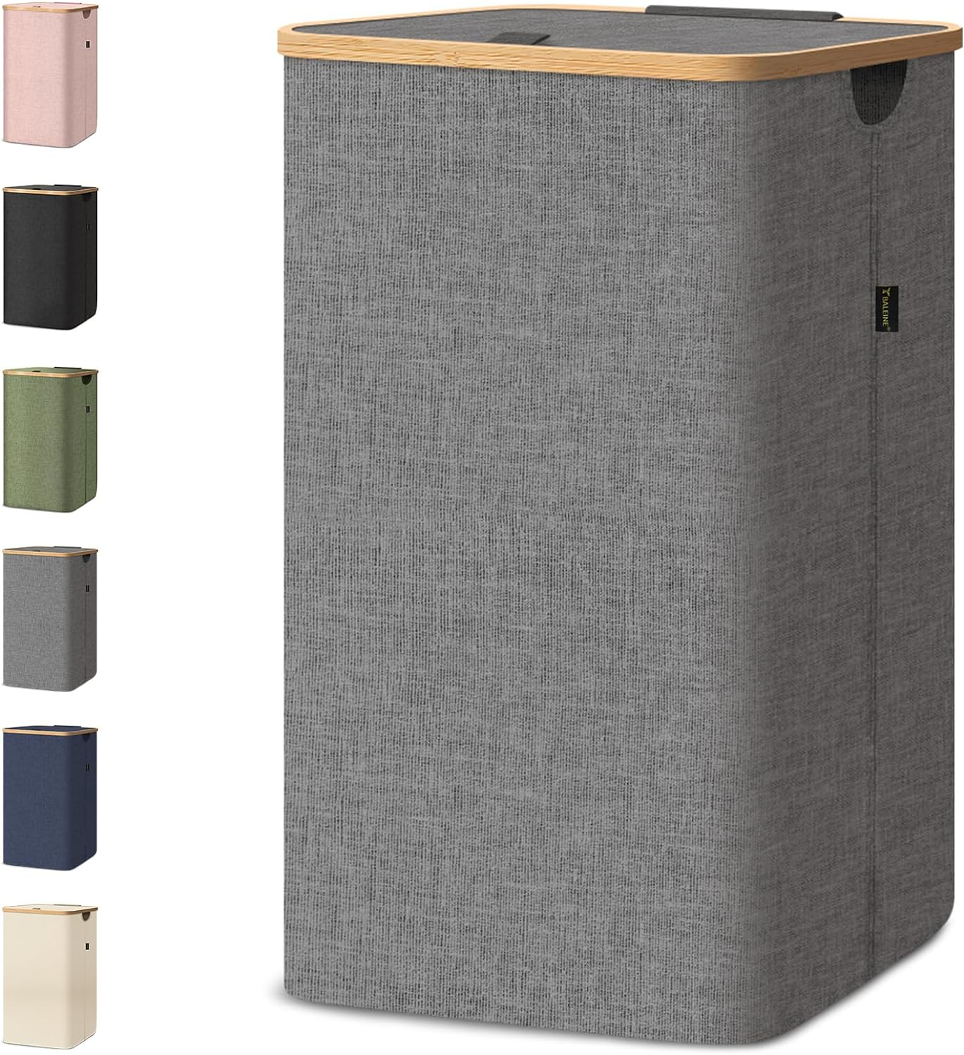 Laundry Hamper with Lid, Tall Laundry Baskets with Bamboo Pull Handles, Large La-image