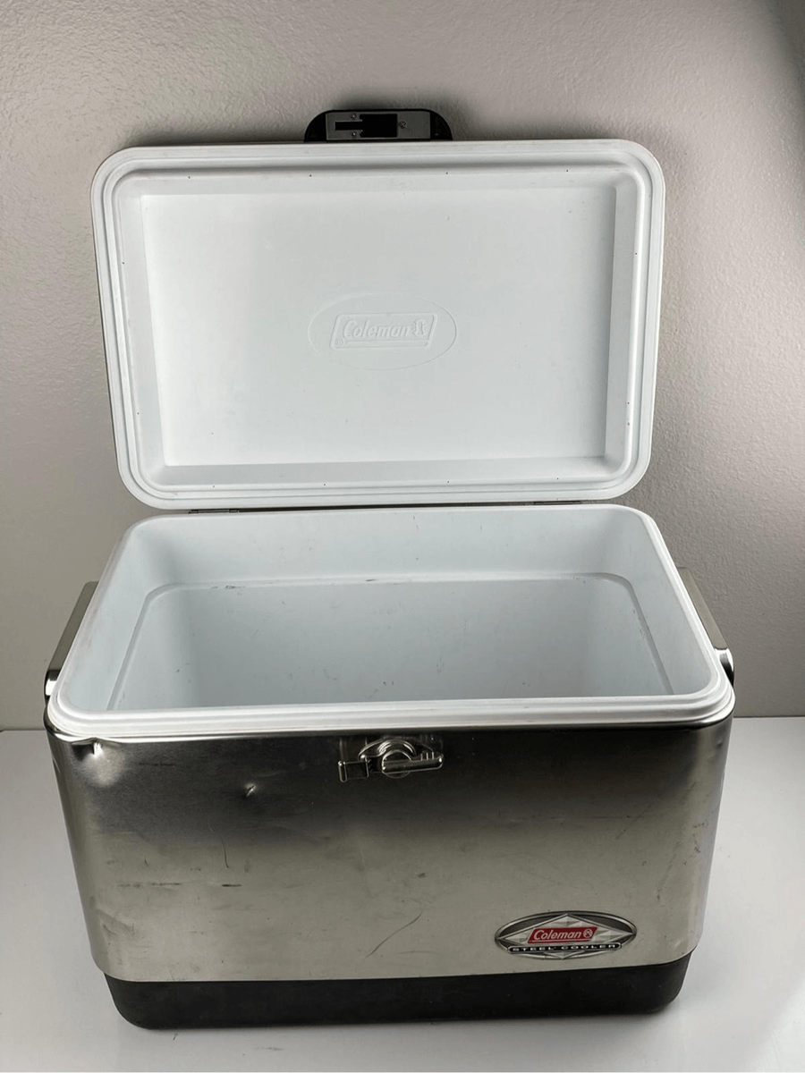 Vintage Coleman Stainless Steel Belted Cooler Ice Chest Model 6150