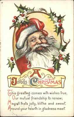 Christmas Santa Claus Holly Gilt Embossed c1900s-20s Postcard