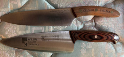 TWO 8'' CHEF KNIVES ENGRAVED CIA, ACF, ARA AWARDS, NEW FREE USA SHIPPING