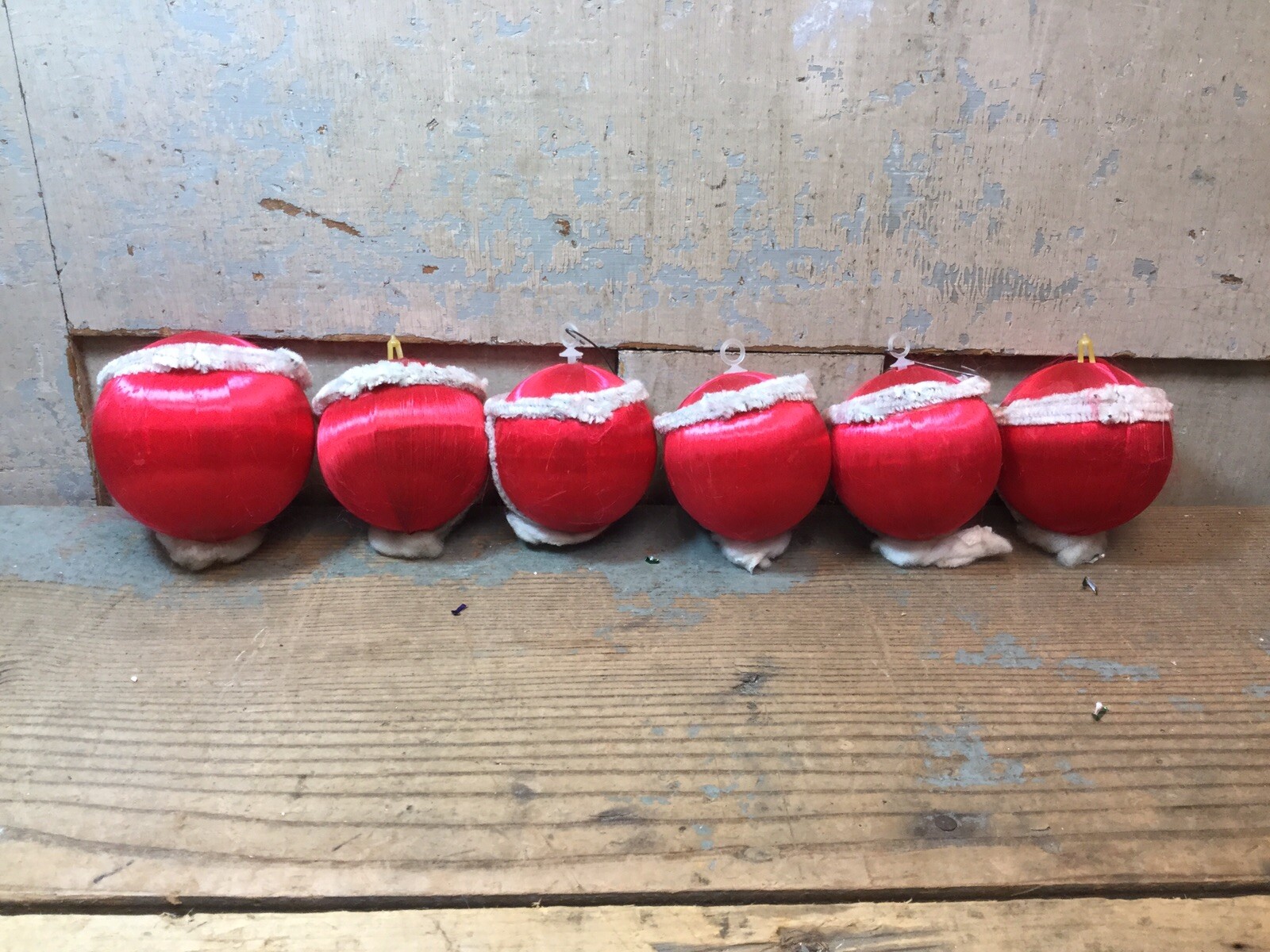 Set Of 6 Vintage Red Satin Christmas Ball Ornaments Handmade Santa Face