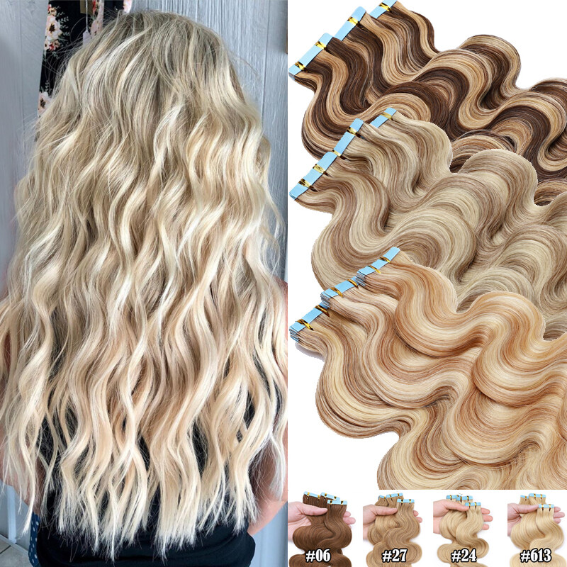 Wavy Tape In 100% Remy Human Hair Extensions Weft Thick  display picture 3