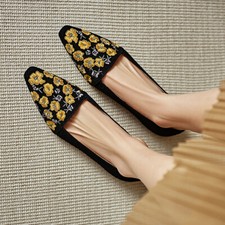 Womens Pointed Toe Floral Embroidery Real Suede Leather Slip on Pump Flats Shoes