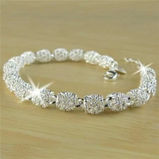 Women's Silver Plated Charm Chain Bangle Bracelet Wedding Jewelry Lab-Created