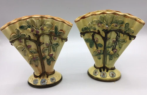 Two Vintage Weller Pottery Voile Flared Apple Tree Fan Vase 1920's