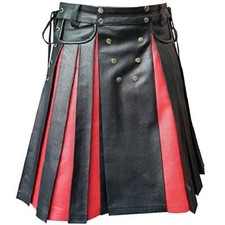 Mens Real Leather Wrap Style Scottish Kilt Black & Red Pleated Flat Front LARP
