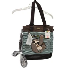 Chala Sloth Tote Shoulder Hand Bag Purse Brown Flowers Large Stripes Charms NEW