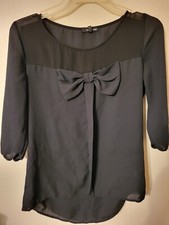 y2k Love Haight womens size S black acetate blouse bow 25 L 18 across front che
