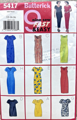 Butterick Sewing Pattern 5417 Dress 9 Easy Sew Size 12, 14, 16, Partial Cut