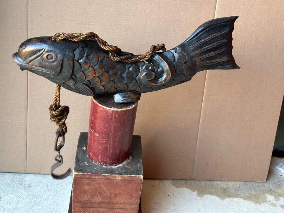 Gancho de hogar de peces Koi tallado japonés Jizai Kagi vintage - percha ajustable 17" Foto 2 de 4