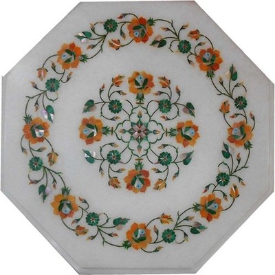 White Marble Corner Table - Malachite and Carnelian Stone Table - Corner Table