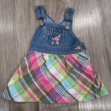 Oshkosh B'Gosh Girls Overall Dress Size 12M Plaid Floral Embroidered