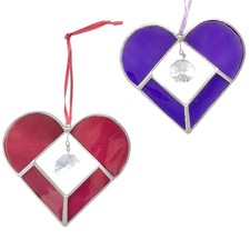 Set Of Two Purple Stained Glass Heart with Crystal Center Suncatcher
