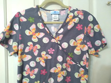 SB Scrubs SZ XS Butterfly Top V-neck 3 Pockets Gray Multi
