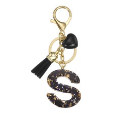 Alphabet Initial Letter Keychain Cute Charm with Tassel Heart Letter S Black 