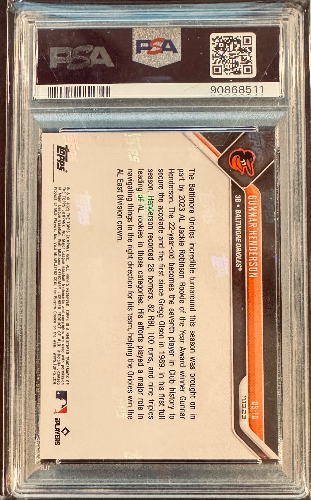 Gunnar Henderson 2023 Topps Now OffSeason  Rookie of the Year  #OS10  PSA 10