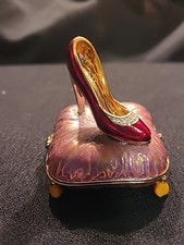 Trinket Box Enamel Red with Rhinestone Shoe On Purple Pillow