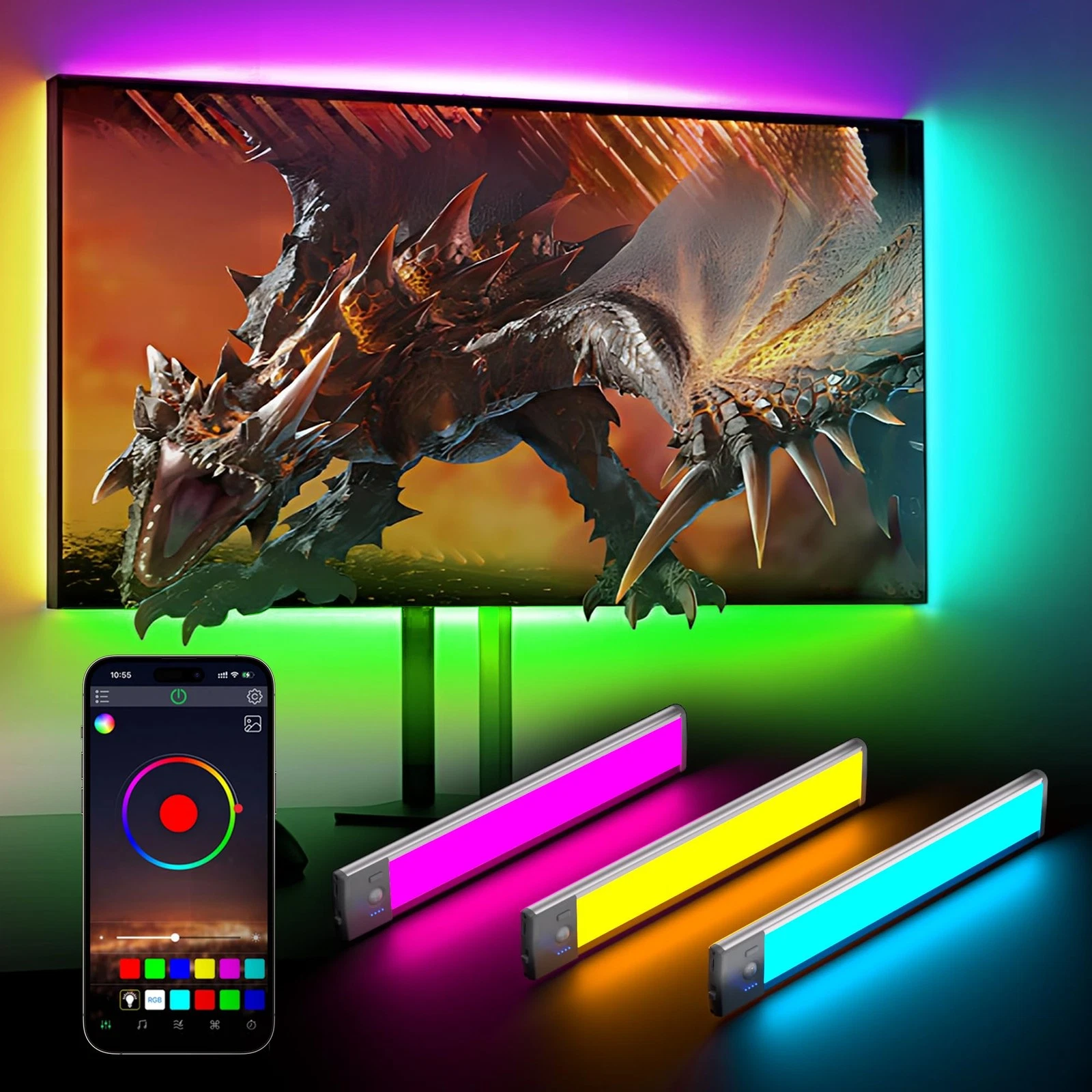 3 Pcs RGB LED Wall Lights,Wall Sconces Lamp with App Remote Control,Gaming Li...