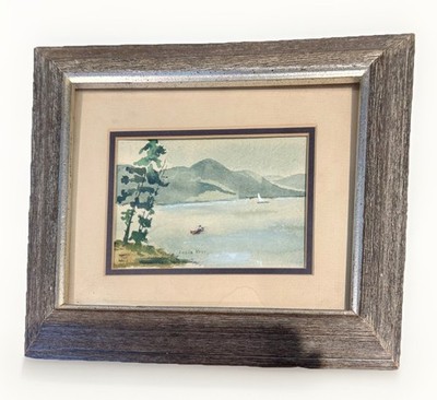 Landscape Original Watercolor Of  Water Boats Mountains & Trees Signed By Artist