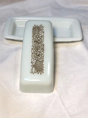 Vintage Pyrex Woodland Butter Dish Lid 72 B Milk Glass Brown White