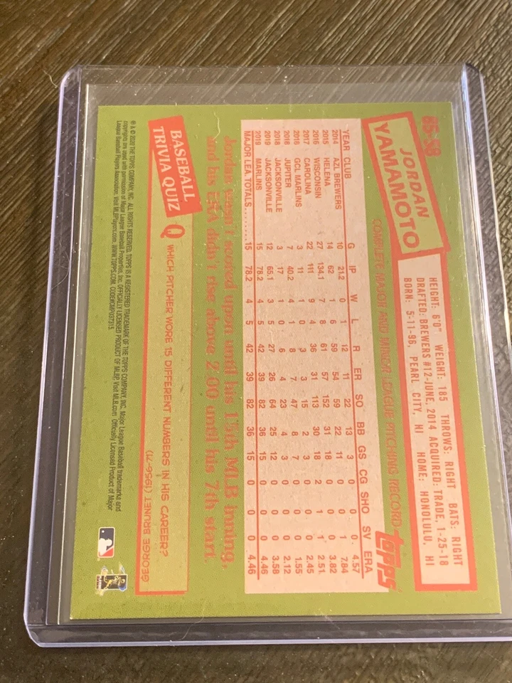 2020 Topps Series 1 Jordan Yamamoto 1985 Blue Parallel Rookie #85-58 Marlins - Image 2 of 2