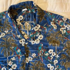 VTG Hawaiian Shirt Mens M Blue Parrots Palms 100 Cotton Lawn Made in Hawaii USA