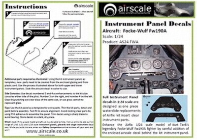 Airscale 1/24 Focke Wulf Fw190A Instrument Panel decal AS24FWA