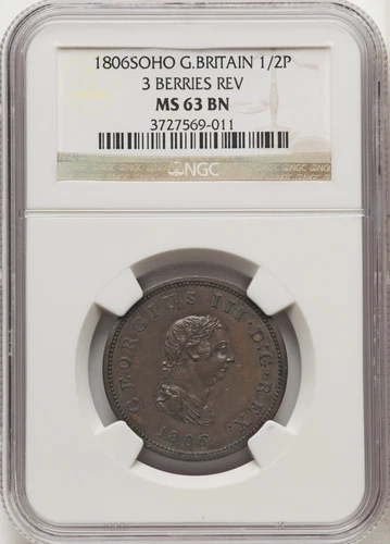 Great Britain - 1803 - George III - 1/2 Penny - NGC MS63BN - RARE 3 BERRIES REV