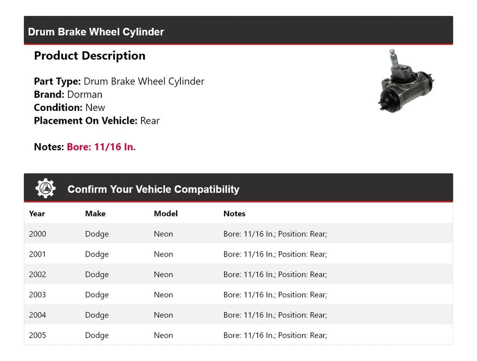 For 2000-2005 Dodge Neon Dorman Drum Brake Wheel Cylinder Rear 2001 2002 2003 - Image 2 of 3