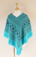 Teal Blue Floral Print Woven Fringed Poncho