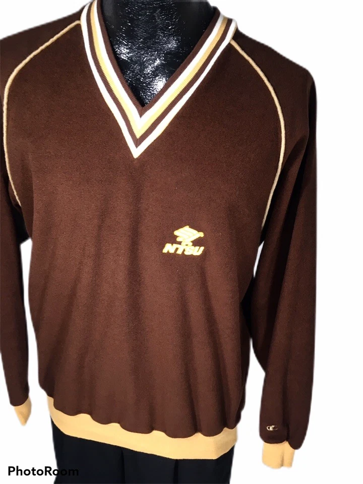 Camisa VELOUR De Colección Años 70 80 Logo Campeón Cuello en V NTSU North Texas State University Foto 3 de 4