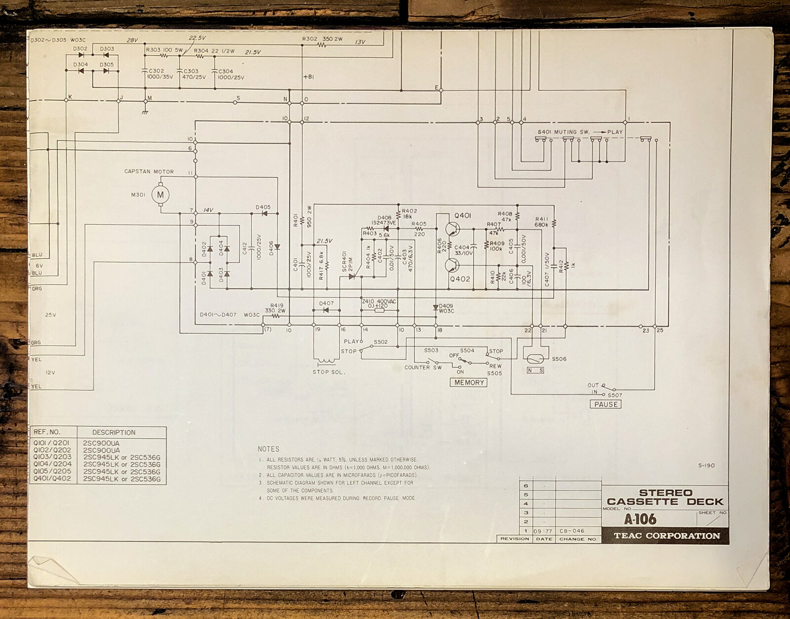 Teac A-106 Cassette  Fold Out Schematic *Original*