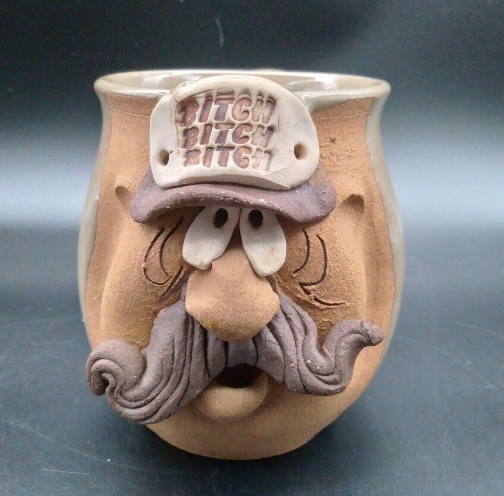 Ugly Mustache Mug "Bitch Bitch Bitch" Handmade Pottery