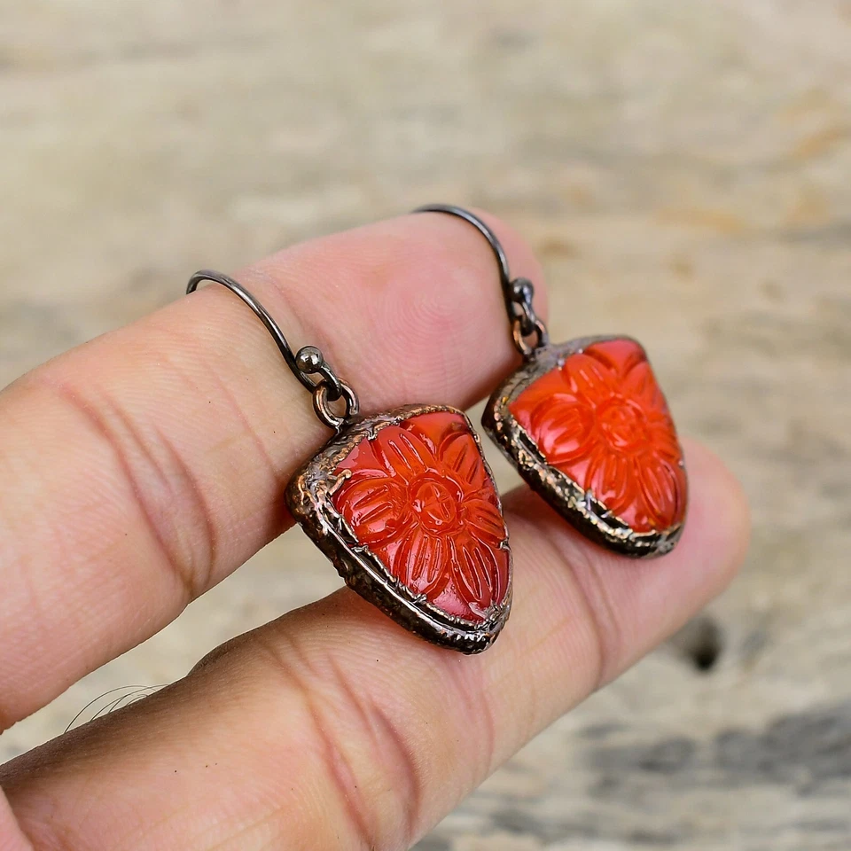Copper Trillion Carved Red Onyx Gemstone Electroformed Bezel Dangling Earrings - Image 2 of 4